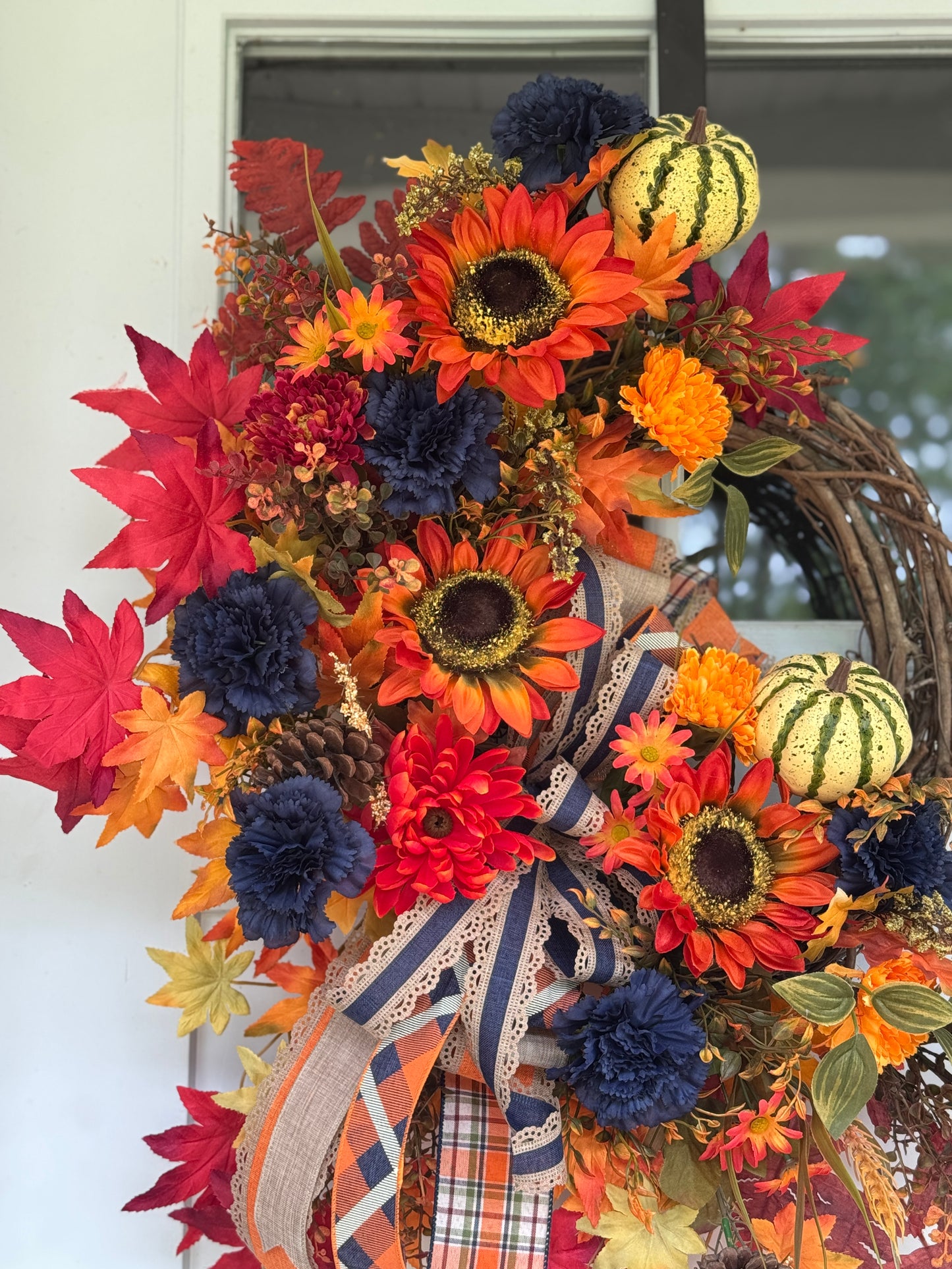 Orange and Navy Blue Autumn Floral Wreath