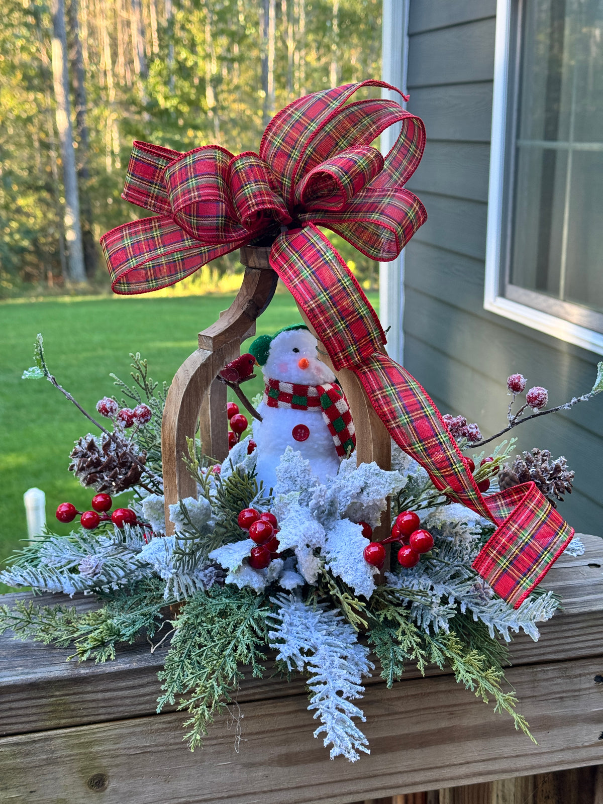 Winter Snowman with Cardinal Lantern