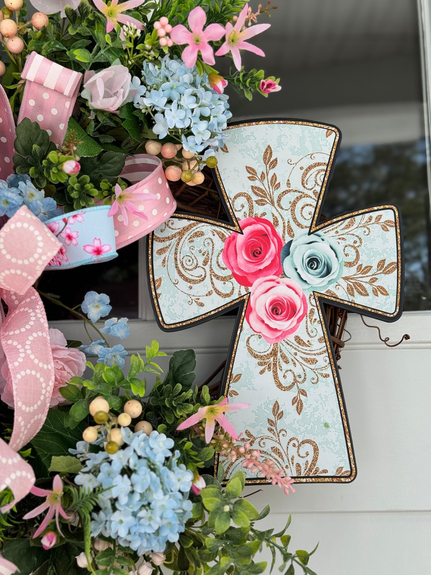 Pink and Blue Floral Easter Wreath with Cross