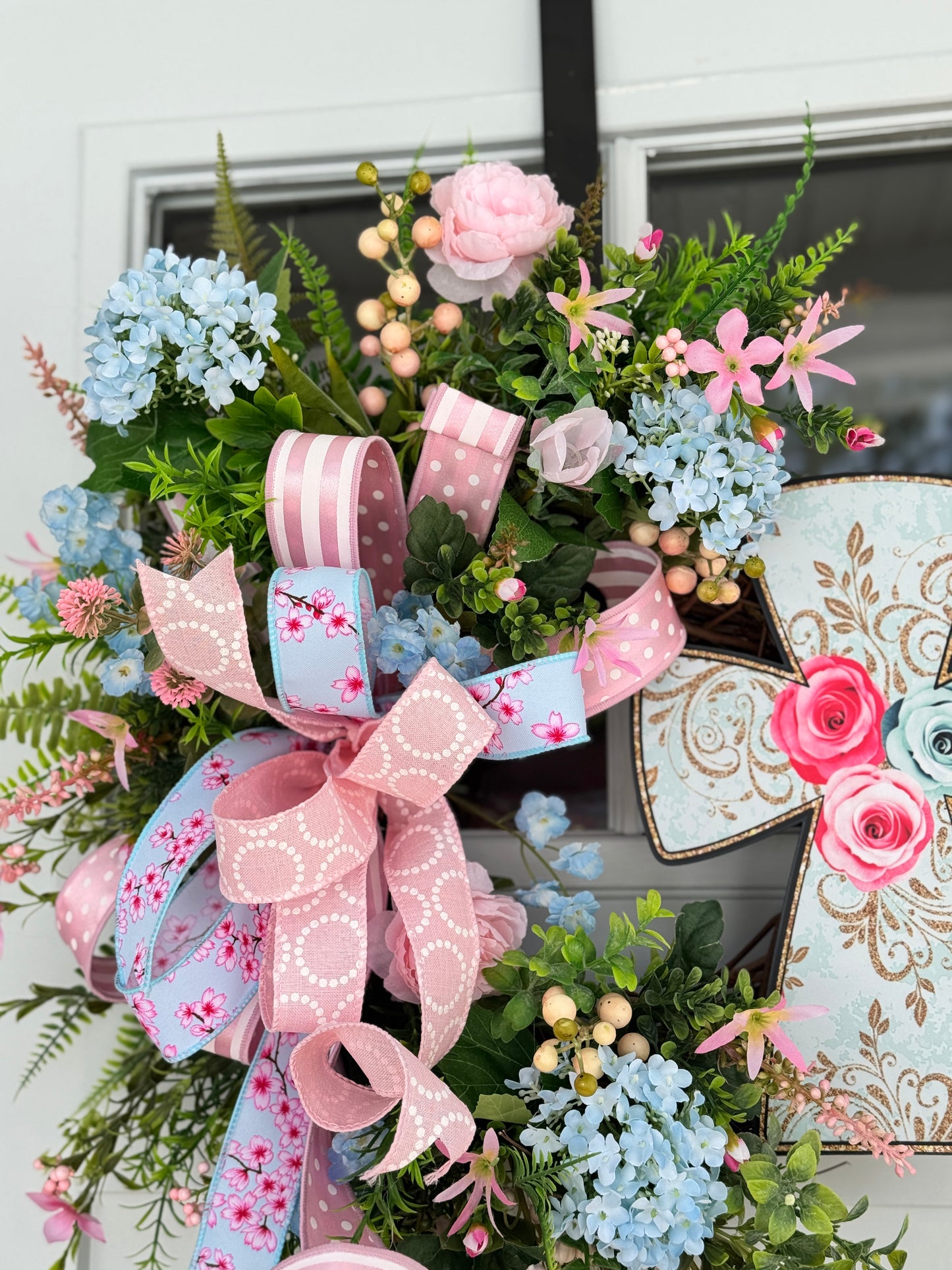 Pink and Blue Floral Easter Wreath with Cross