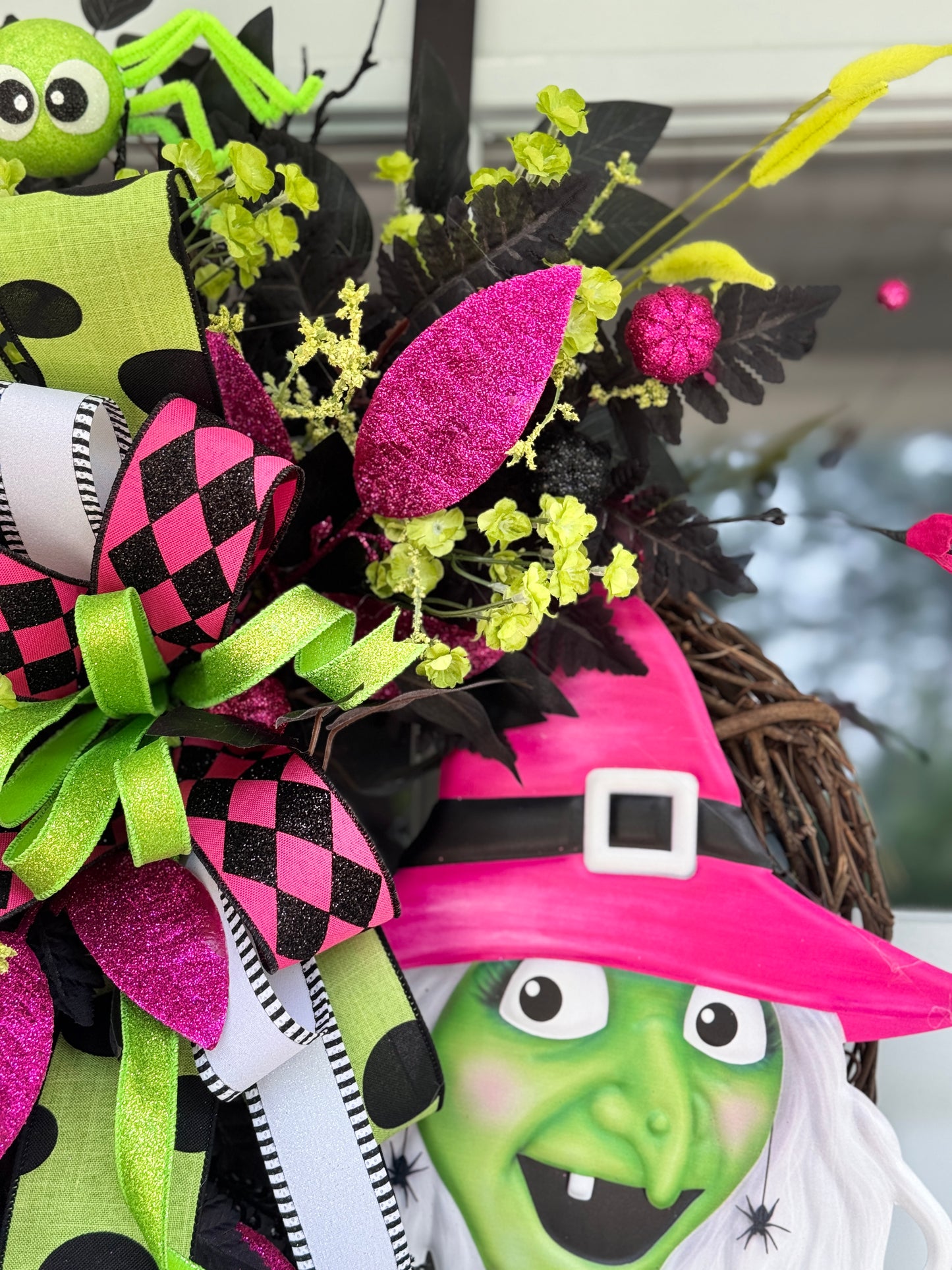 Vibrant Pink & Green Witch Halloween Wreath