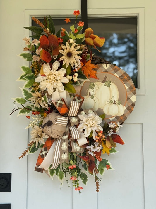 Neutral Autumn Floral Pumpkin Wreath