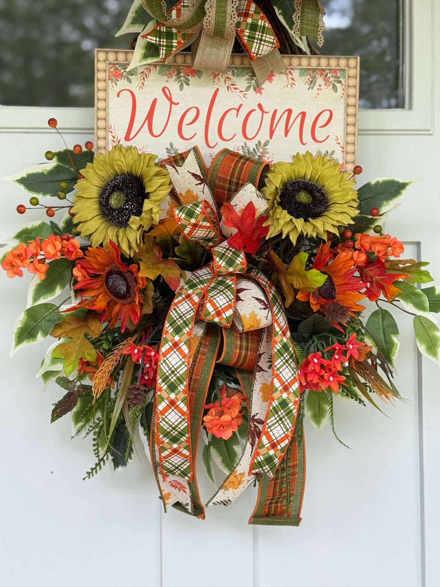 Autumn Welcome Door Wreath with Sunflowers and Plaid Ribbon