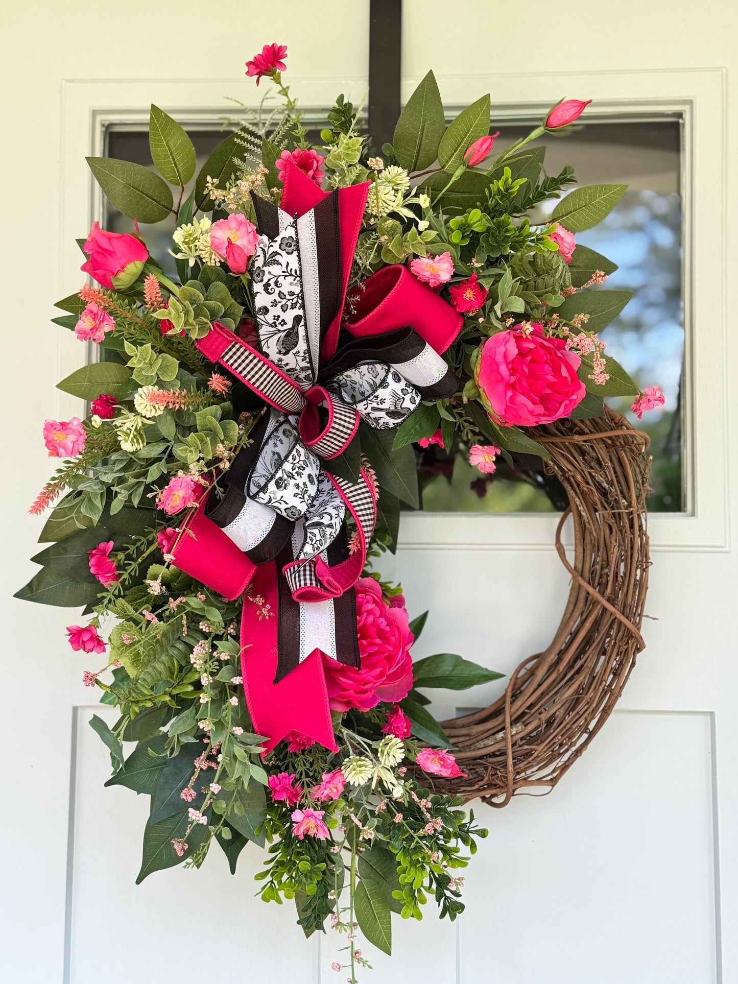 Charming Hot Pink Peony Wreath with Pink, Black & White Ribbon