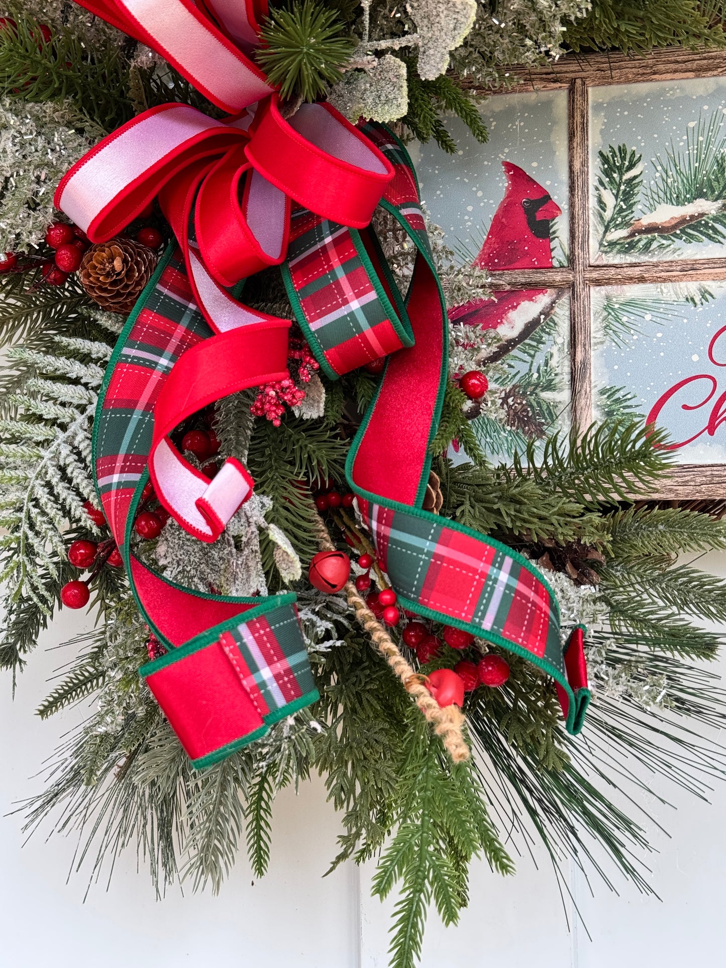 Christmas Wreath with Cardinal Window Pane Sign