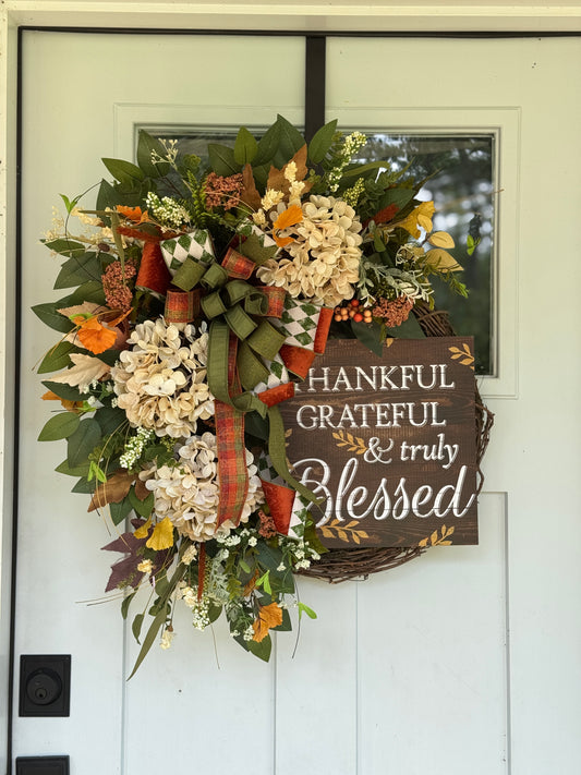 Thankful Grateful & Blessed Floral Wreath