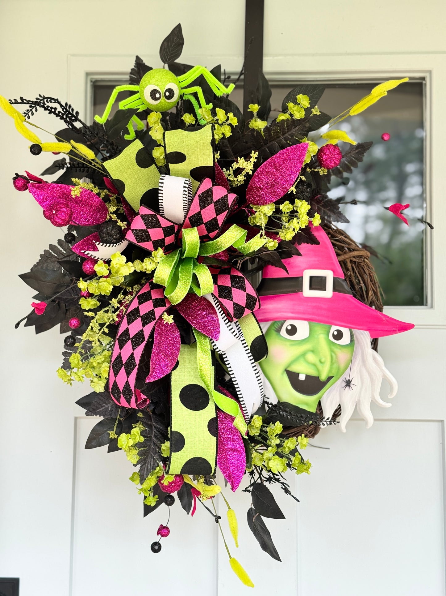 Vibrant Pink & Green Witch Halloween Wreath