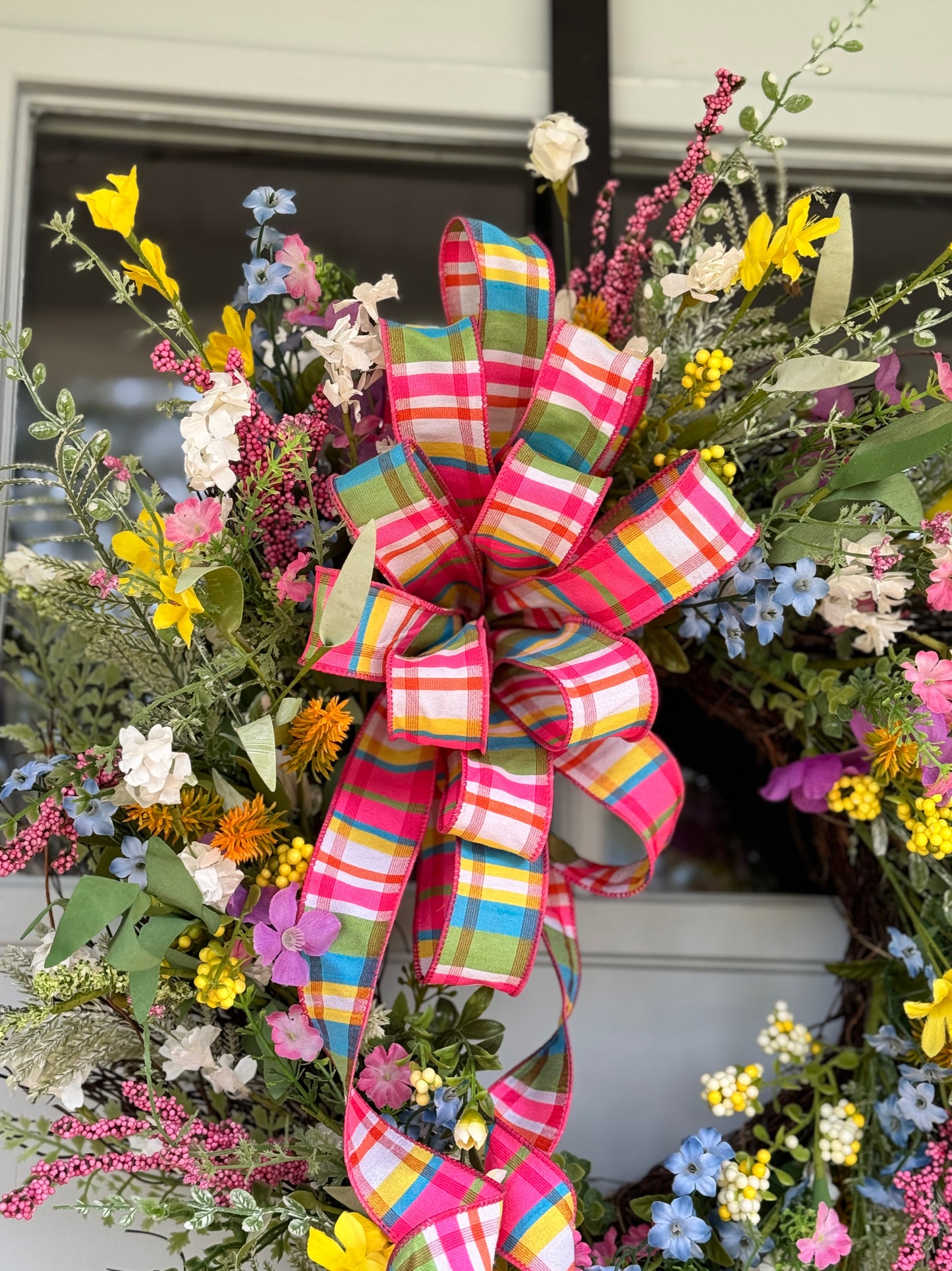 Multi-color Spring Floral Wreath with Plaid Bow