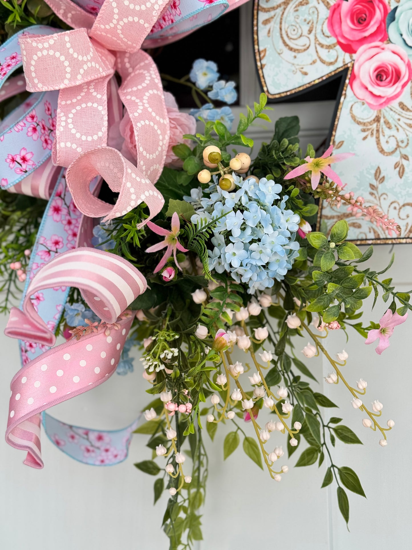 Pink and Blue Floral Easter Wreath with Cross