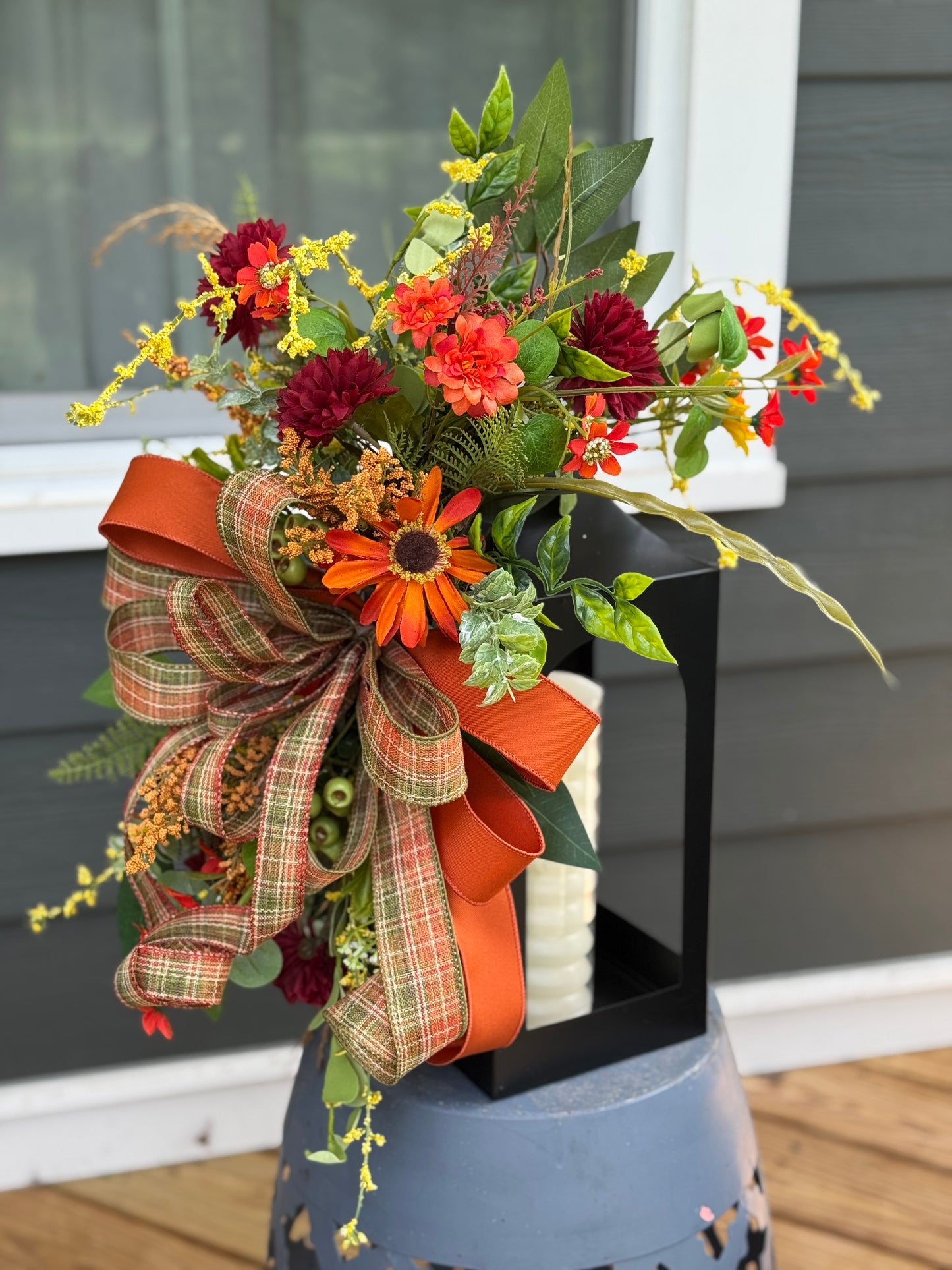 Autumn Floral Arrangement on Black Metal Lantern