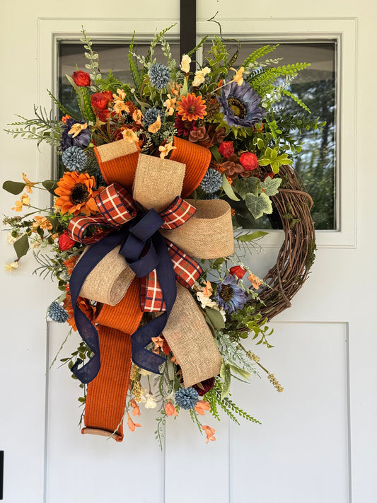 Rust & Blue Autumn Grapevine Wreath