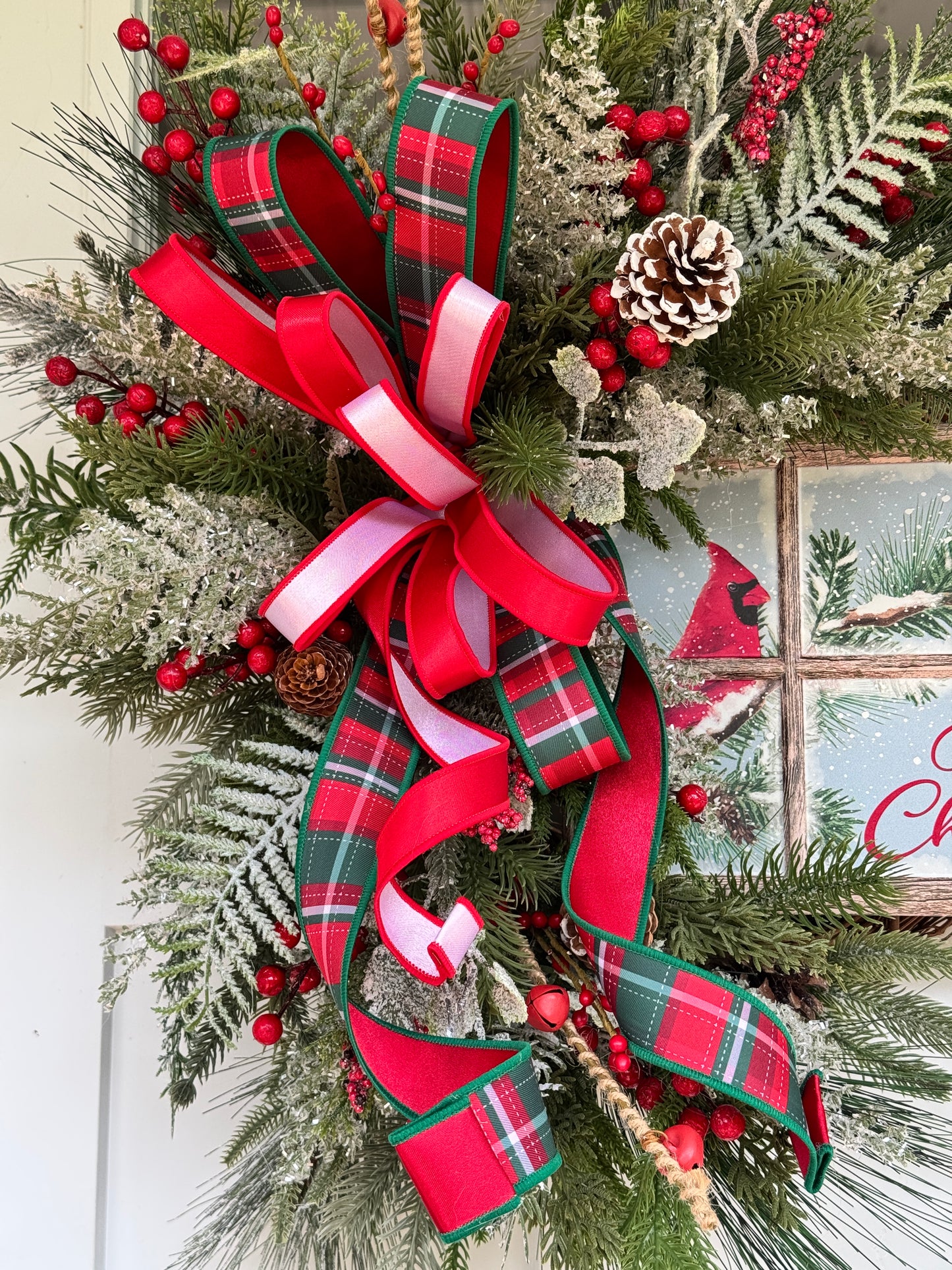 Christmas Wreath with Cardinal Window Pane Sign