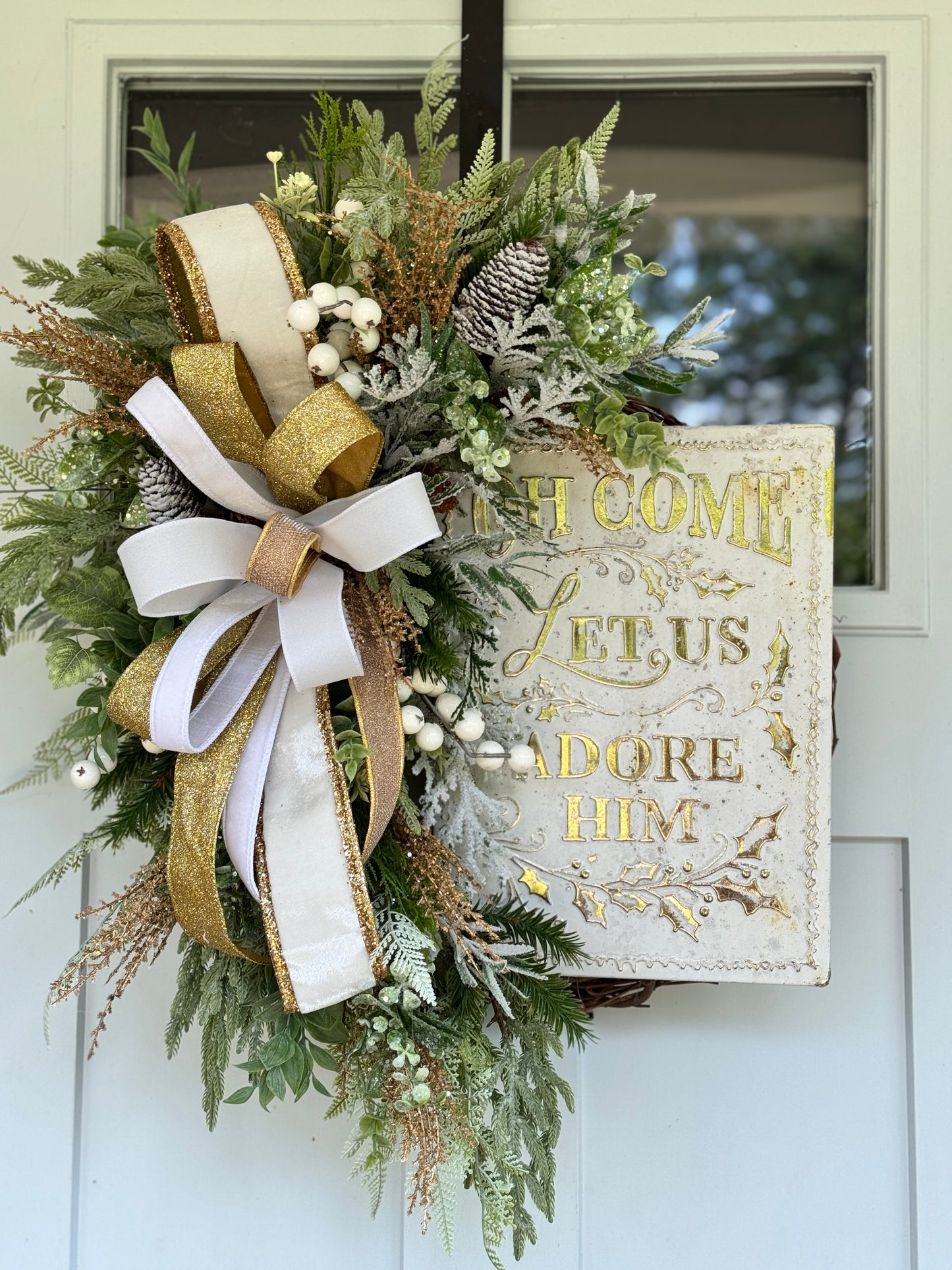 White & Gold Winter/Christmas “Adore Him” Wreath
