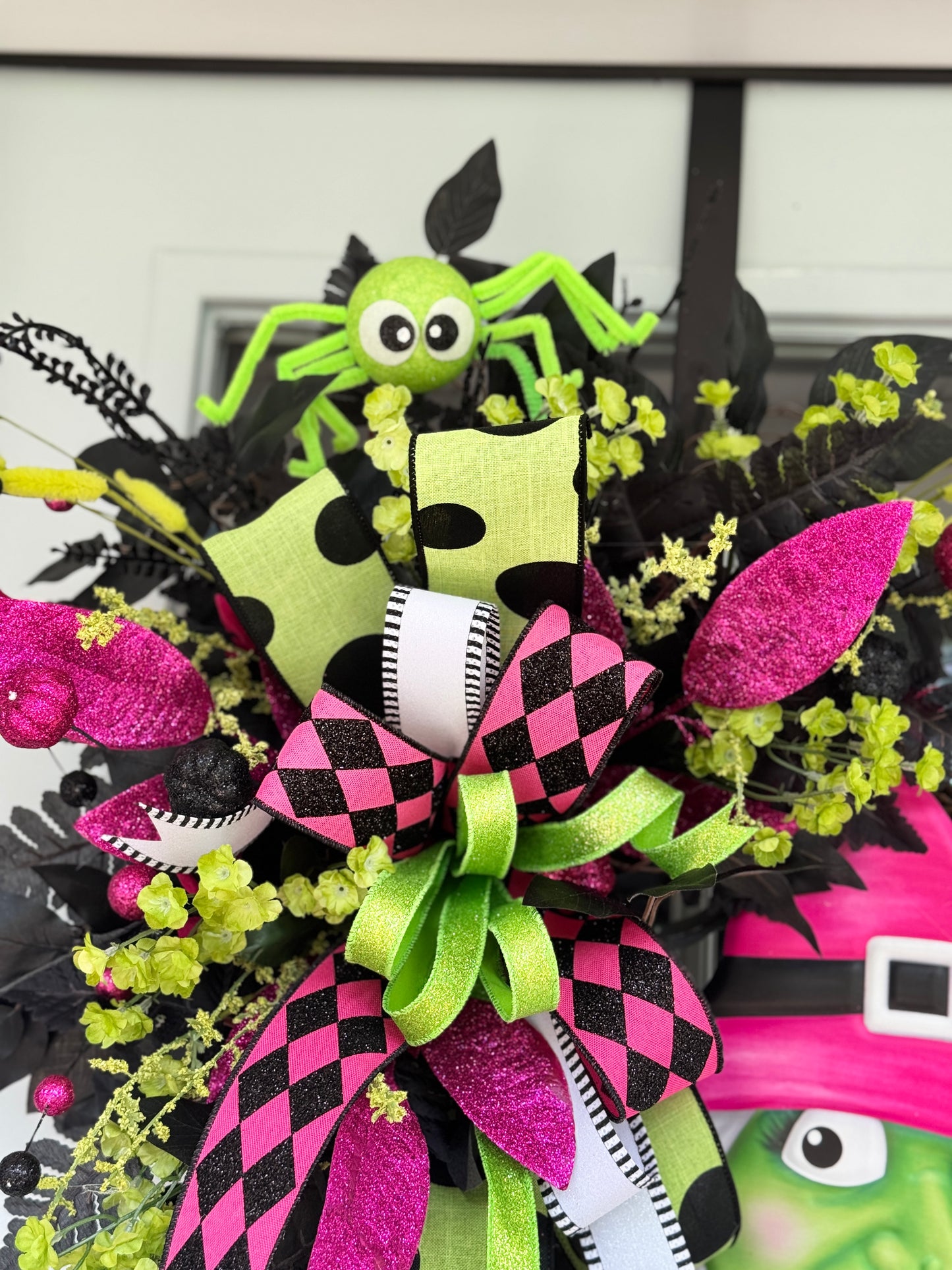 Vibrant Pink & Green Witch Halloween Wreath