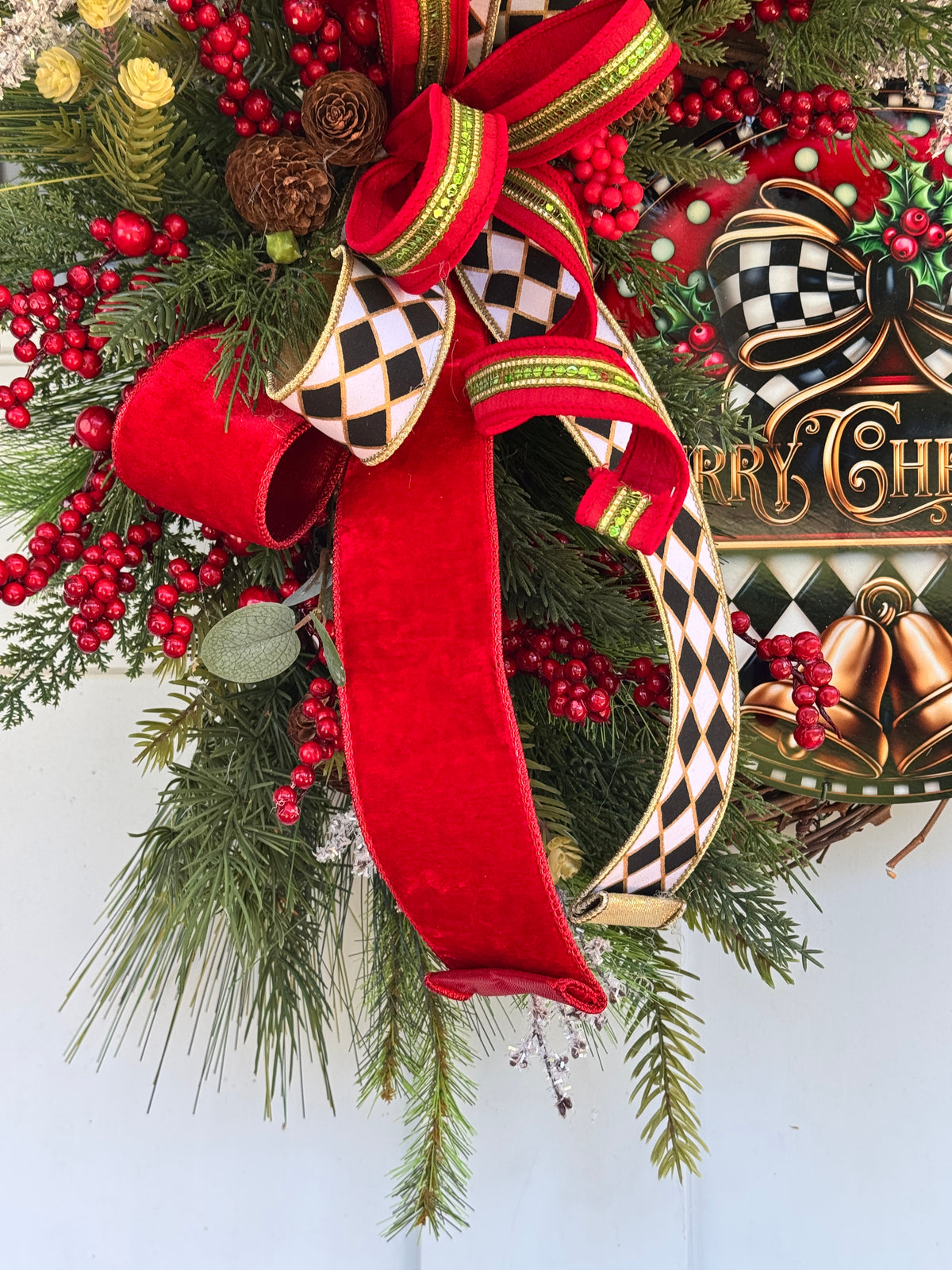 Harlequin “Merry Christmas” Grapevine Wreath