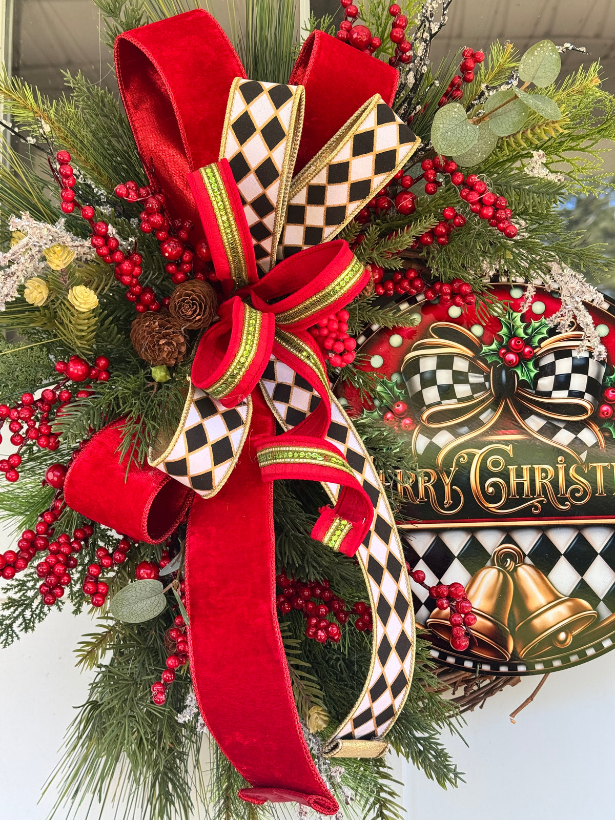 Harlequin “Merry Christmas” Grapevine Wreath