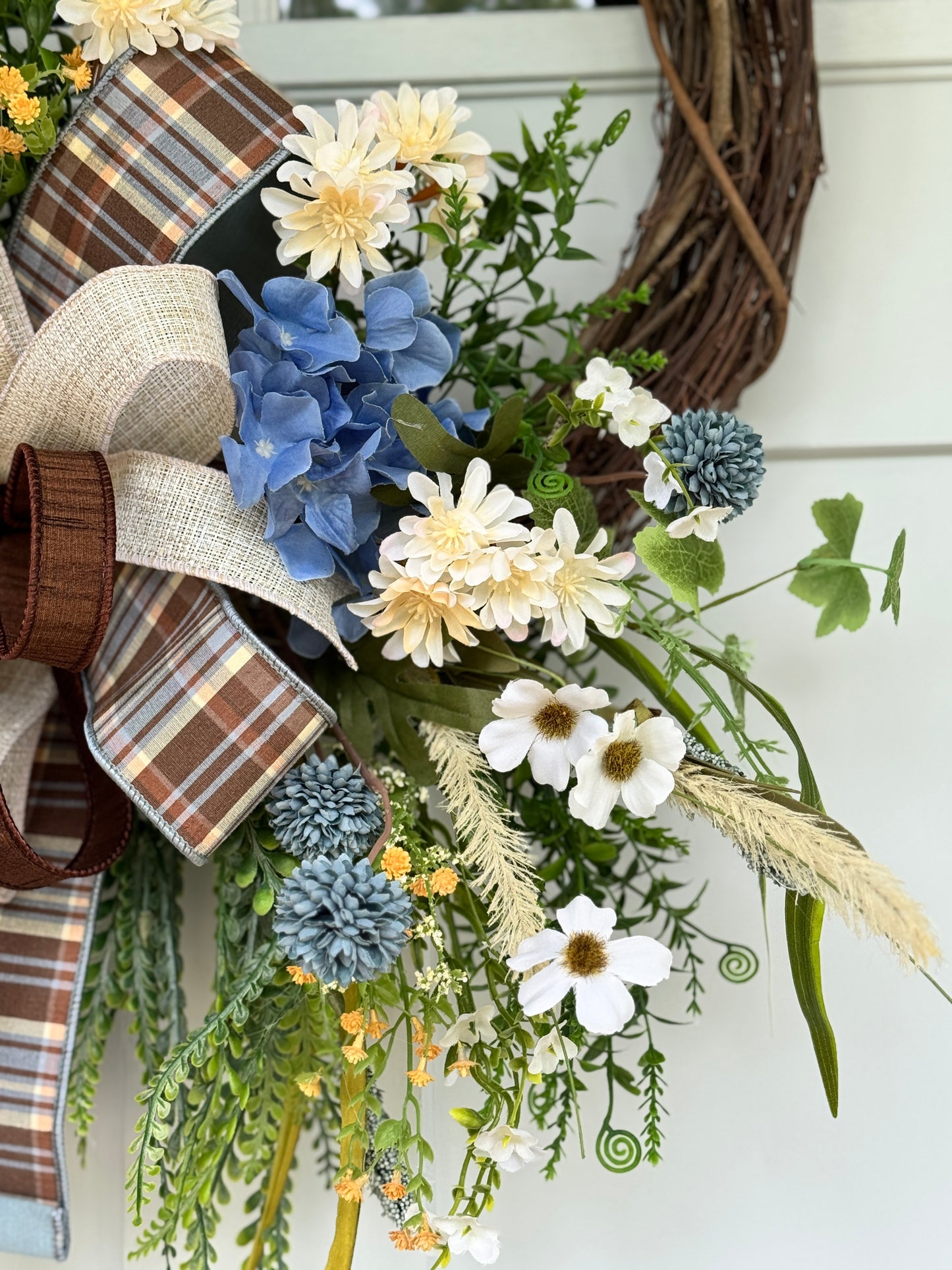Cozy Fall Blue & Cream Floral Wreath