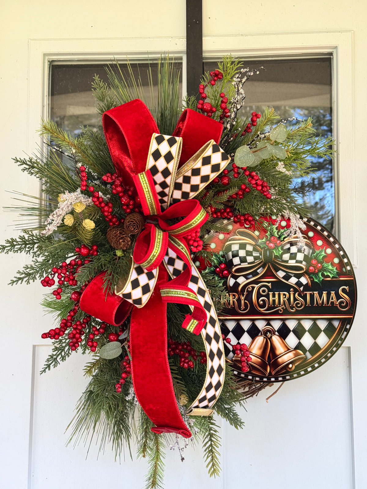 Harlequin “Merry Christmas” Grapevine Wreath