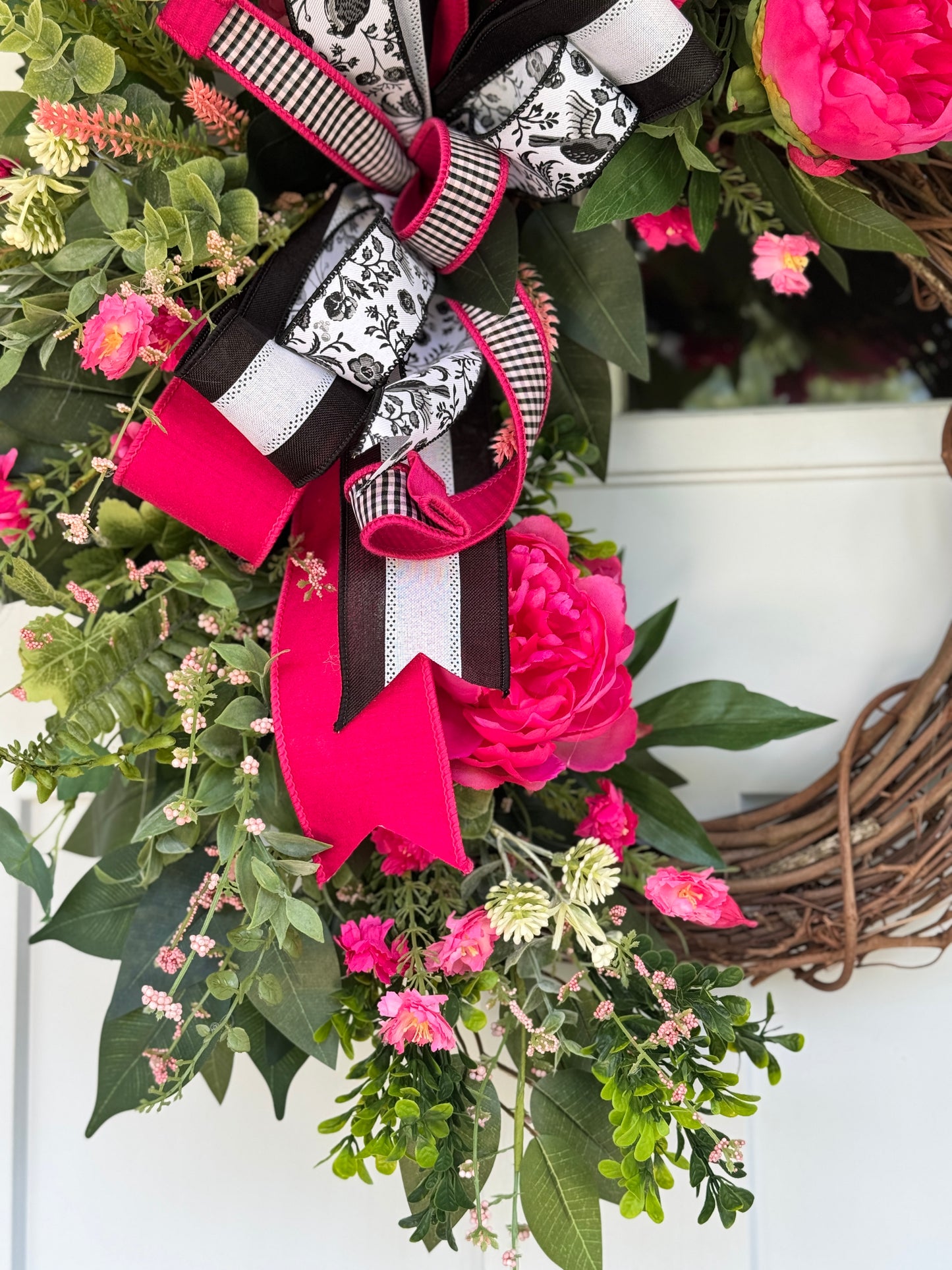 Charming Hot Pink Peony Wreath with Pink, Black & White Ribbon