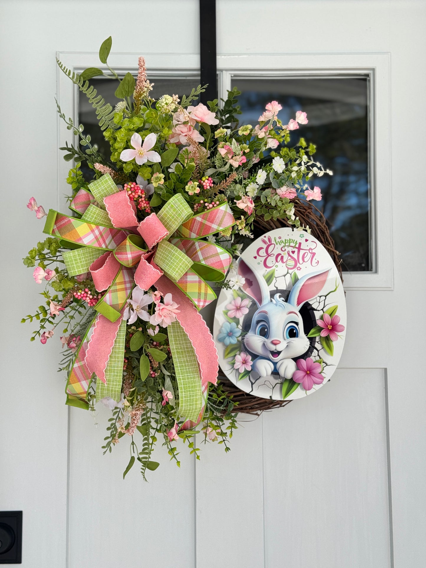 Easter Bunny Floral Wreath with Pink and Green Accents