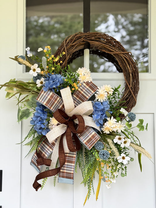 Cozy Fall Blue & Cream Floral Wreath