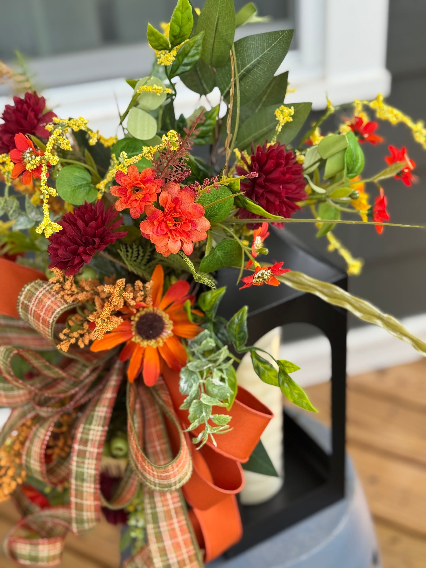 Autumn Floral Arrangement on Black Metal Lantern