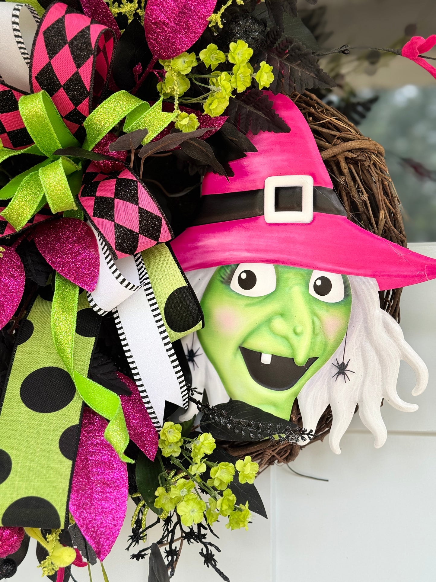 Vibrant Pink & Green Witch Halloween Wreath