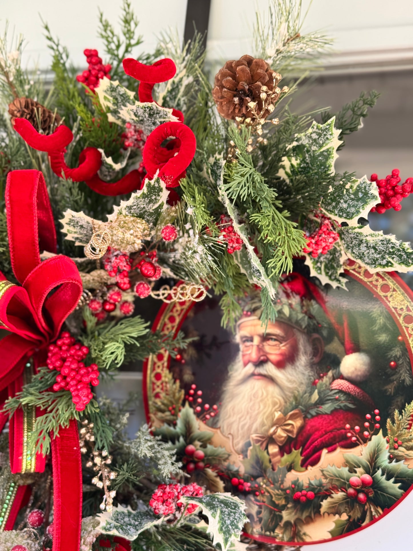 Vintage Inspired Santa Christmas Wreath Red and Gold