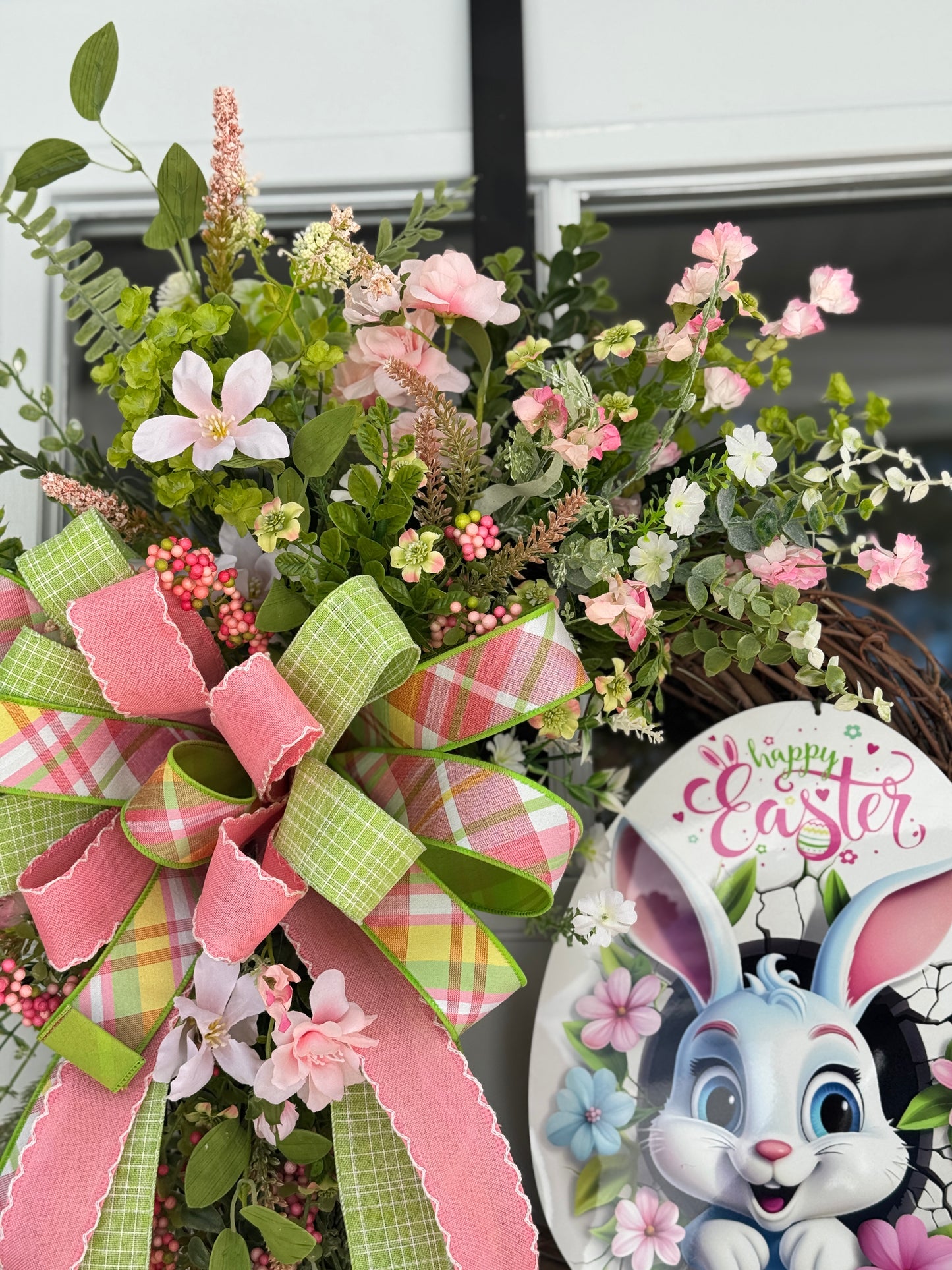 Easter Bunny Floral Wreath with Pink and Green Accents
