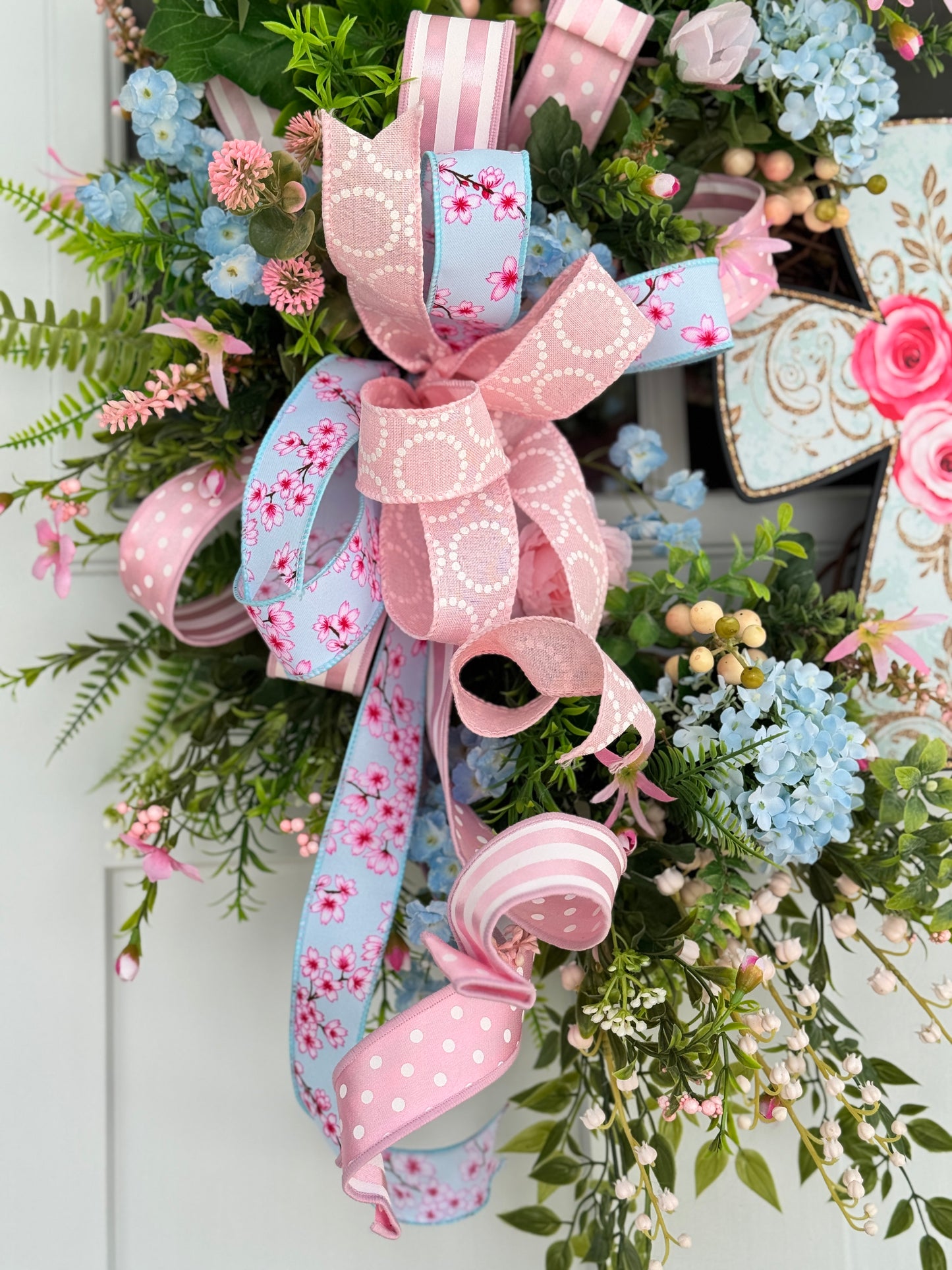 Pink and Blue Floral Easter Wreath with Cross