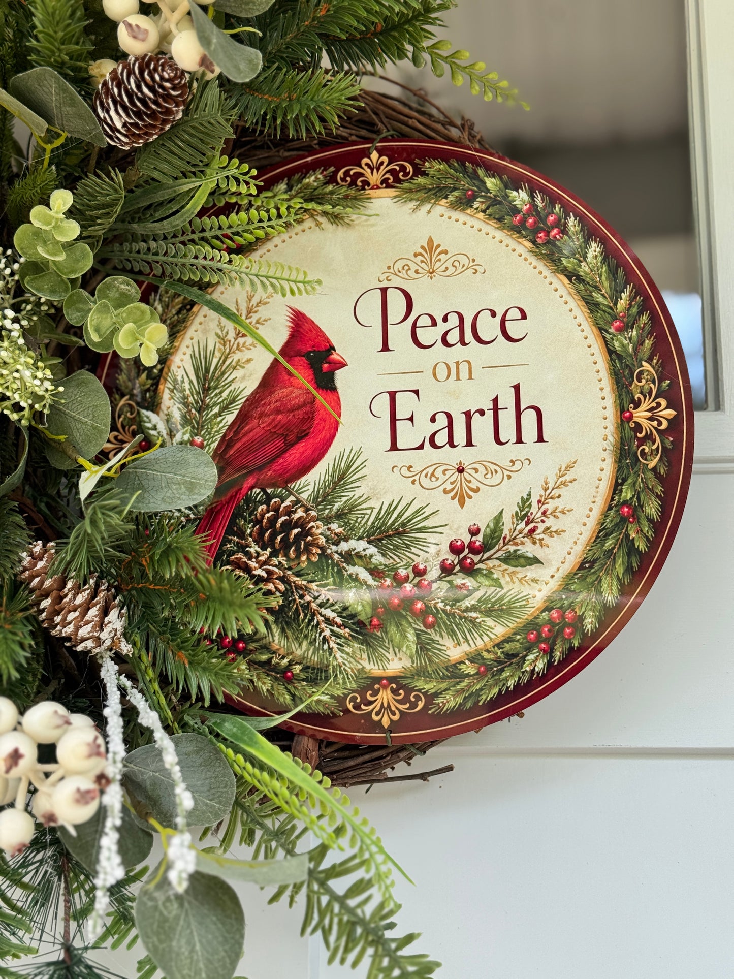 Rustic Peace on Earth Cardinal Wreath