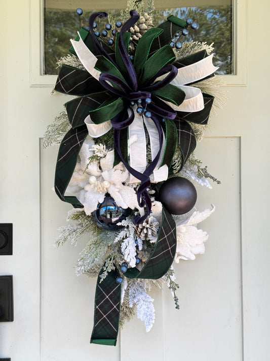 Blue & White Plaid Christmas Teardrop Wreath