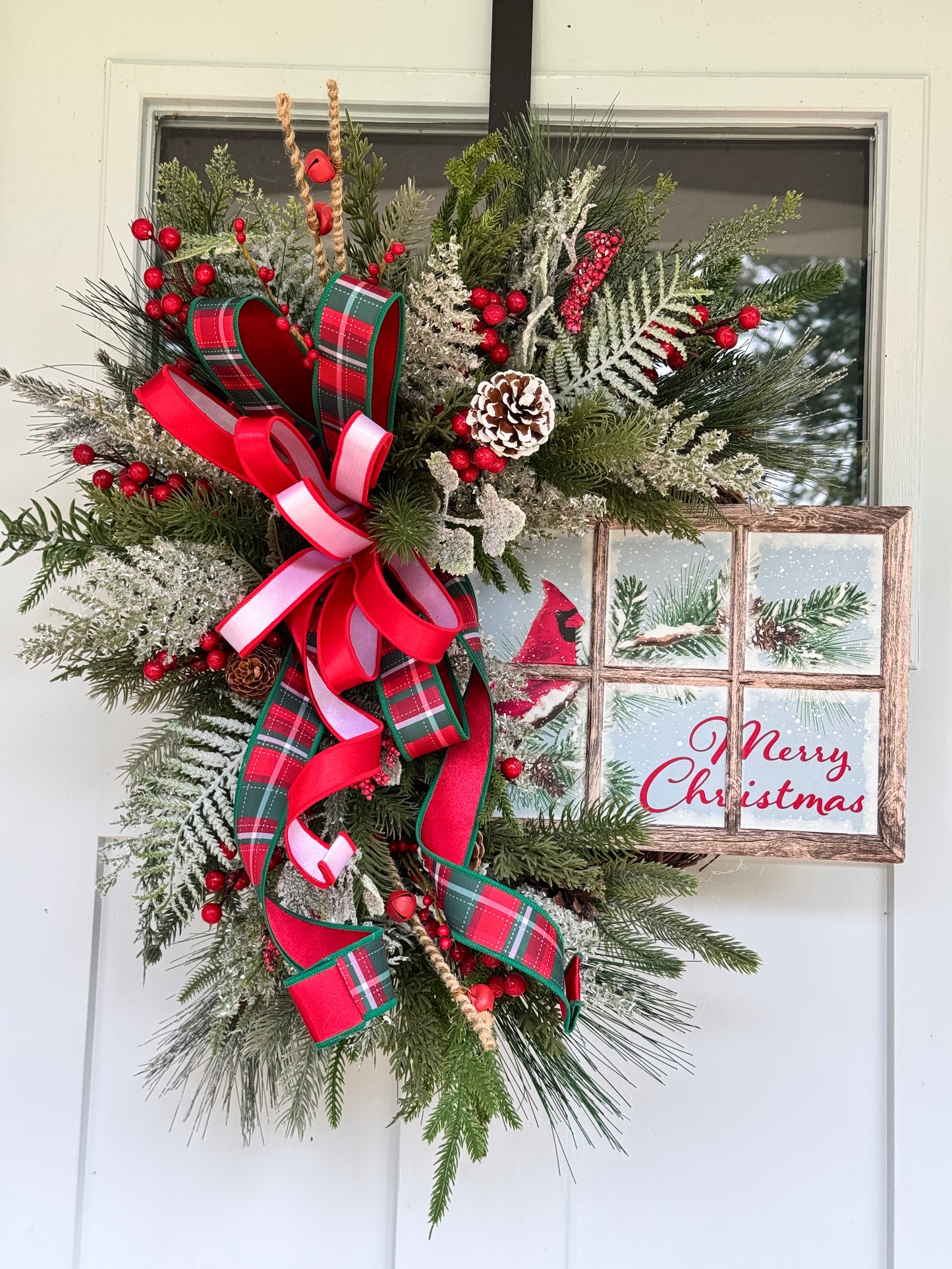Christmas Wreath with Cardinal Window Pane Sign