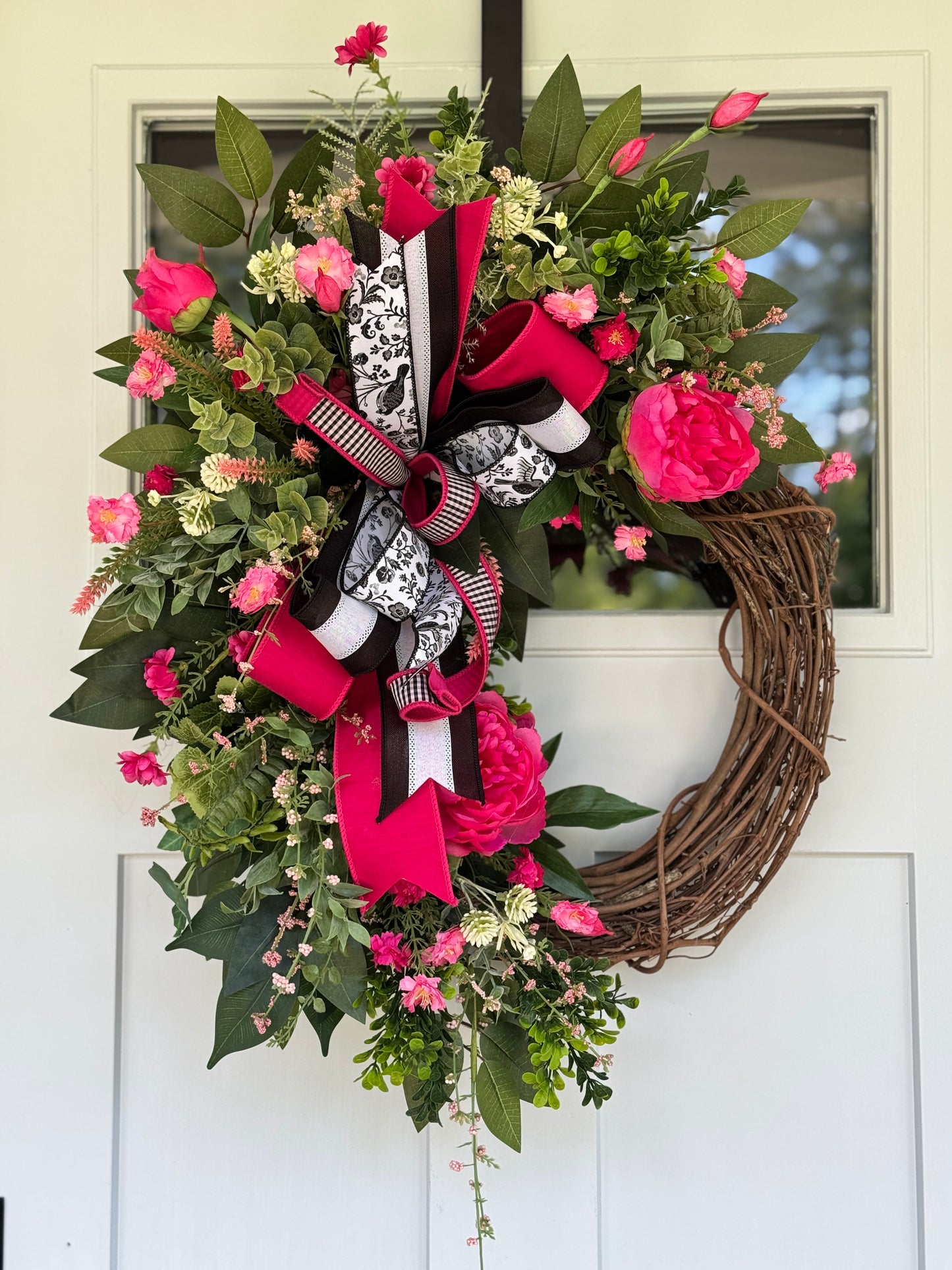 Charming Hot Pink Peony Wreath with Pink, Black & White Ribbon