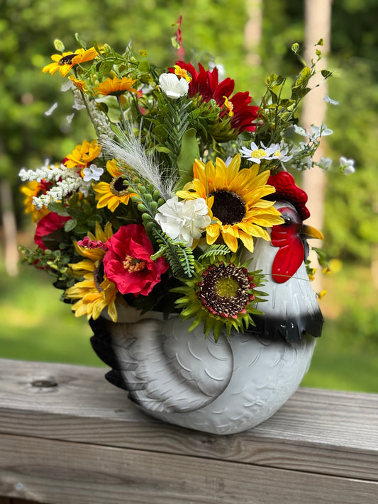 Colorful Rooster Planter with Floral Arrangement