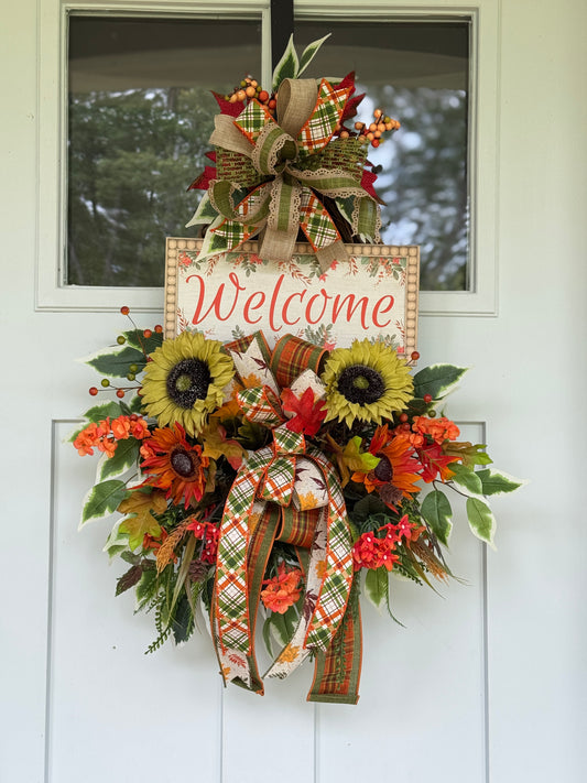 Autumn Welcome Door Wreath with Sunflowers and Plaid Ribbon