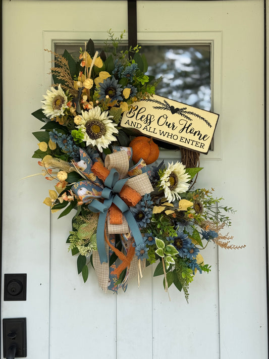 Floral Wreath with Sunflowers and Blue Accents