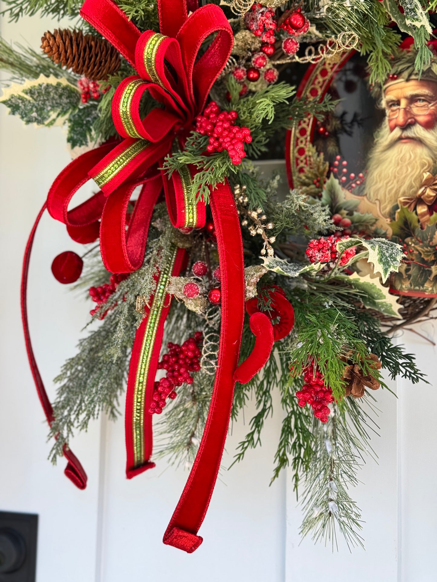 Vintage Inspired Santa Christmas Wreath Red and Gold