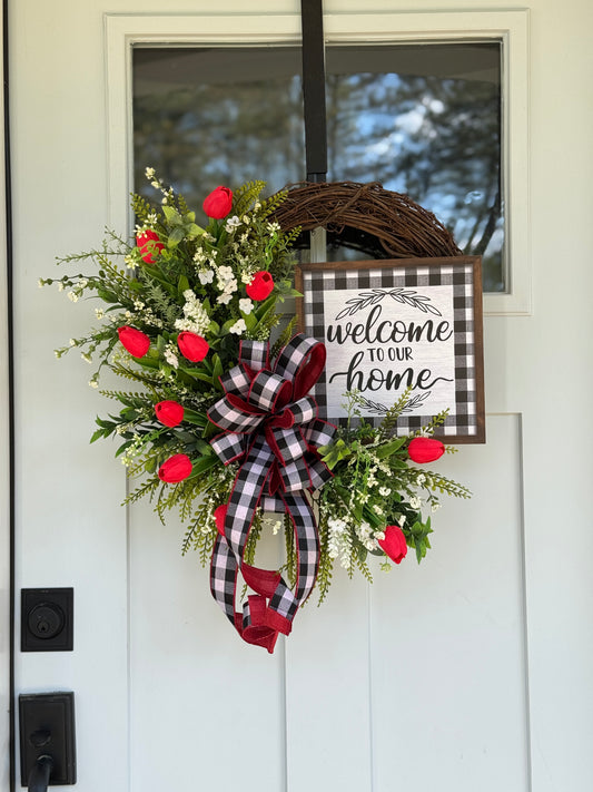 Red Tulip Welcome To Our Home Wreath