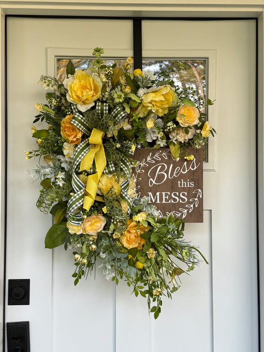 Yellow Peony Floral Wreath with Sign