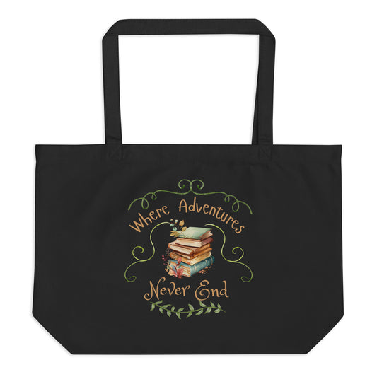 Where adventures Large organic tote bag